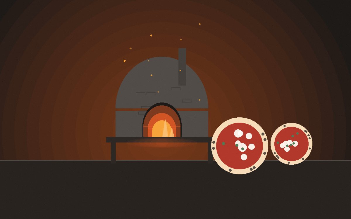 Forno de pizza pequeno em cúpula brilhando laranja na boca numa varanda ao anoitecer, com faíscas subindo