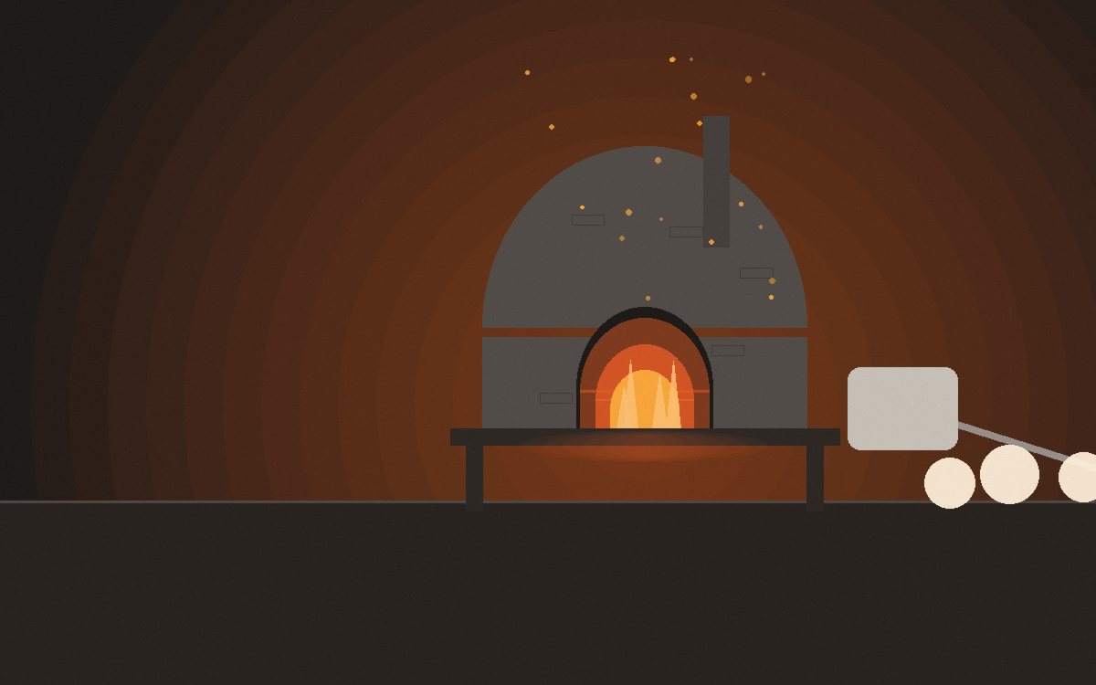 A round loaf in a cast-iron pot going into an oven with embers pushed to one side