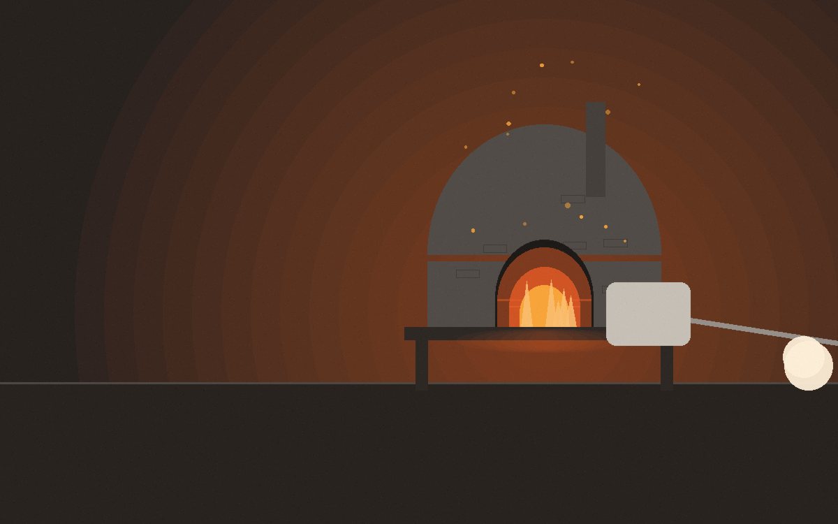 Pães chatos e uma bandeja de legumes num forno de pizza com a chama diminuindo