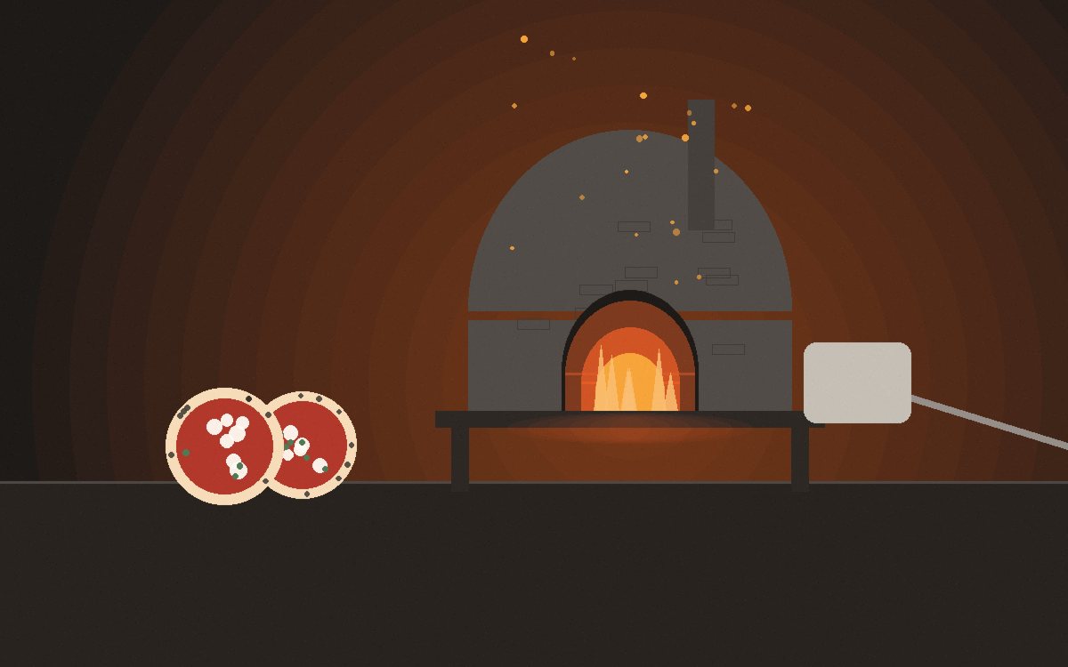Fogo pequeno crescendo no fundo de um forno de pizza com a cúpula passando de preta a branca