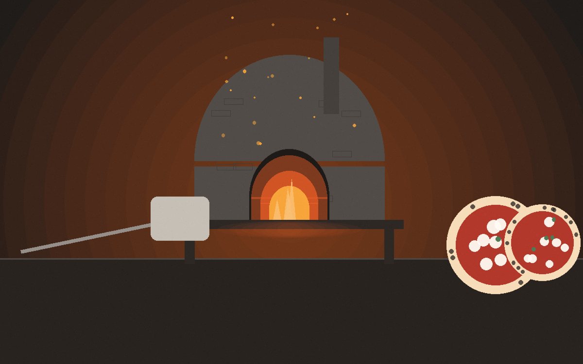 Pizza deslizando de uma pá para a boca de um forno em brasa