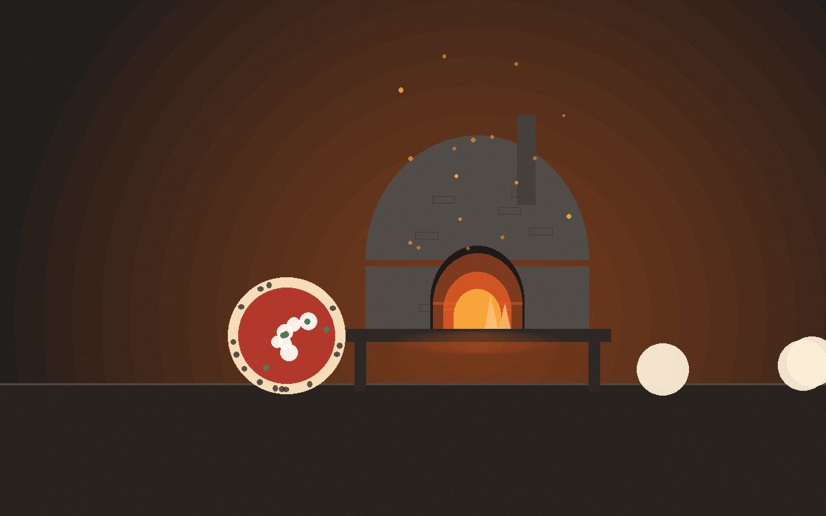 Pá de lançar inclinada na boca de um forno com a pizza deslizando da beirada da frente