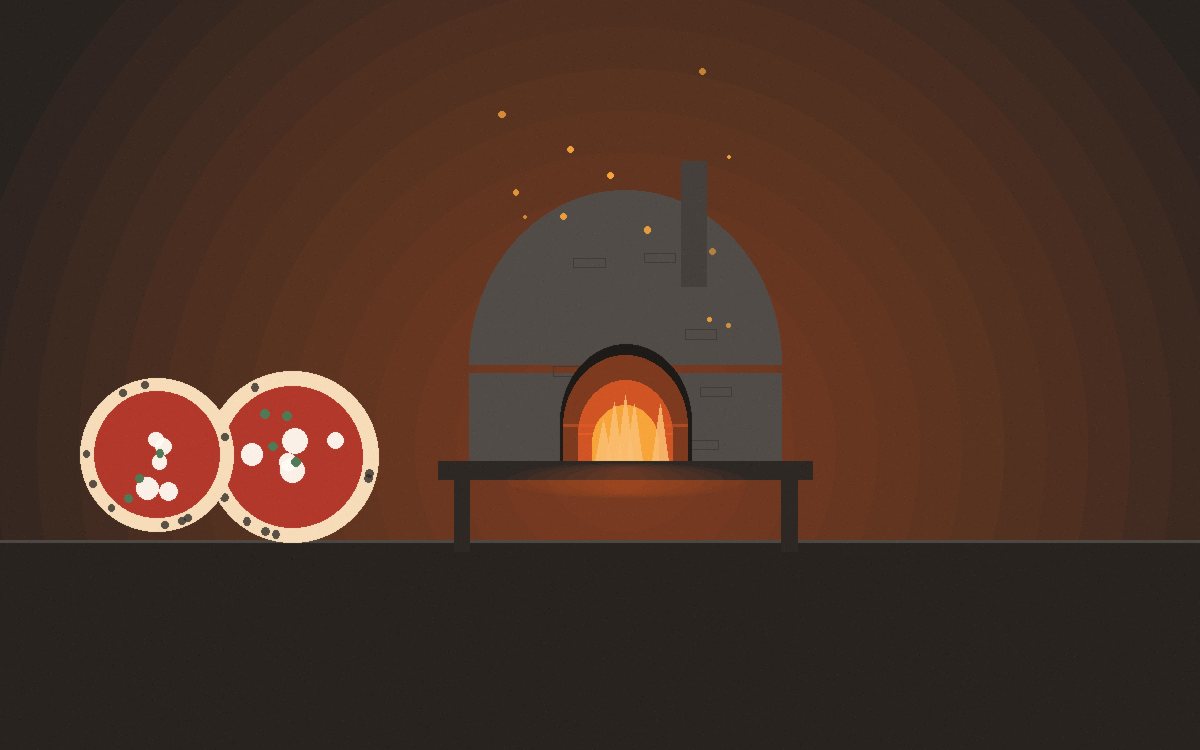 Eight people around an outdoor table at night with pizzas on boards and the oven glowing behind