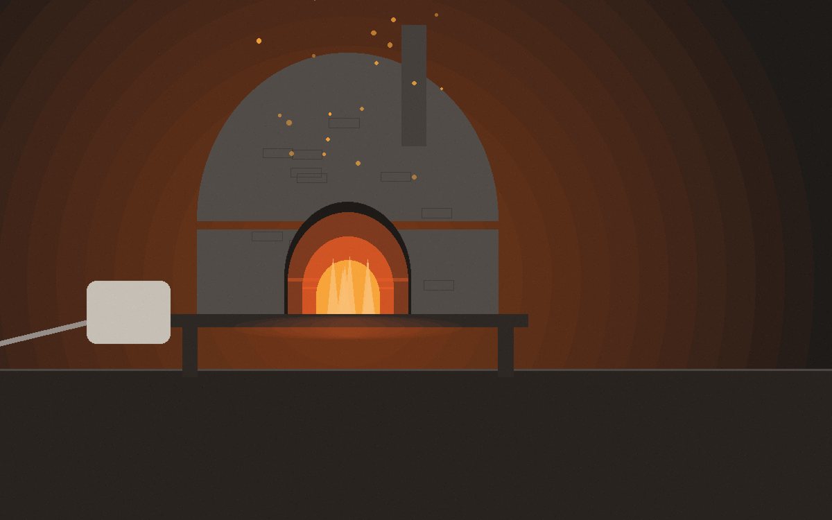 A pizza oven glowing at night on a patio with a table of people and boards of pizza